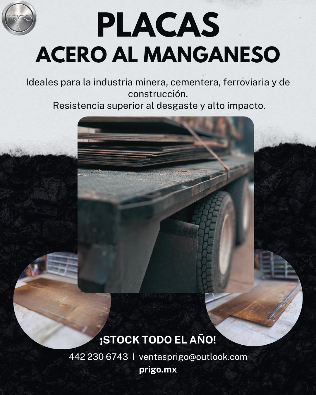 Placas de acero al manganeso (Hadfield) apiladas, mostrando su robustez y durabilidad.